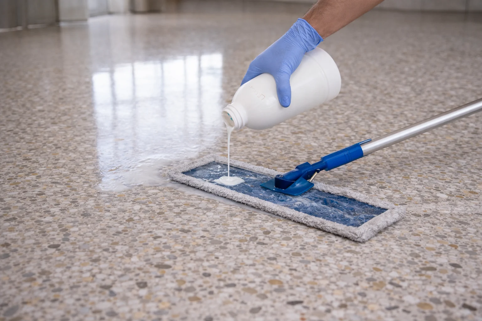 Vertiendo producto de limpieza sobre el suelo