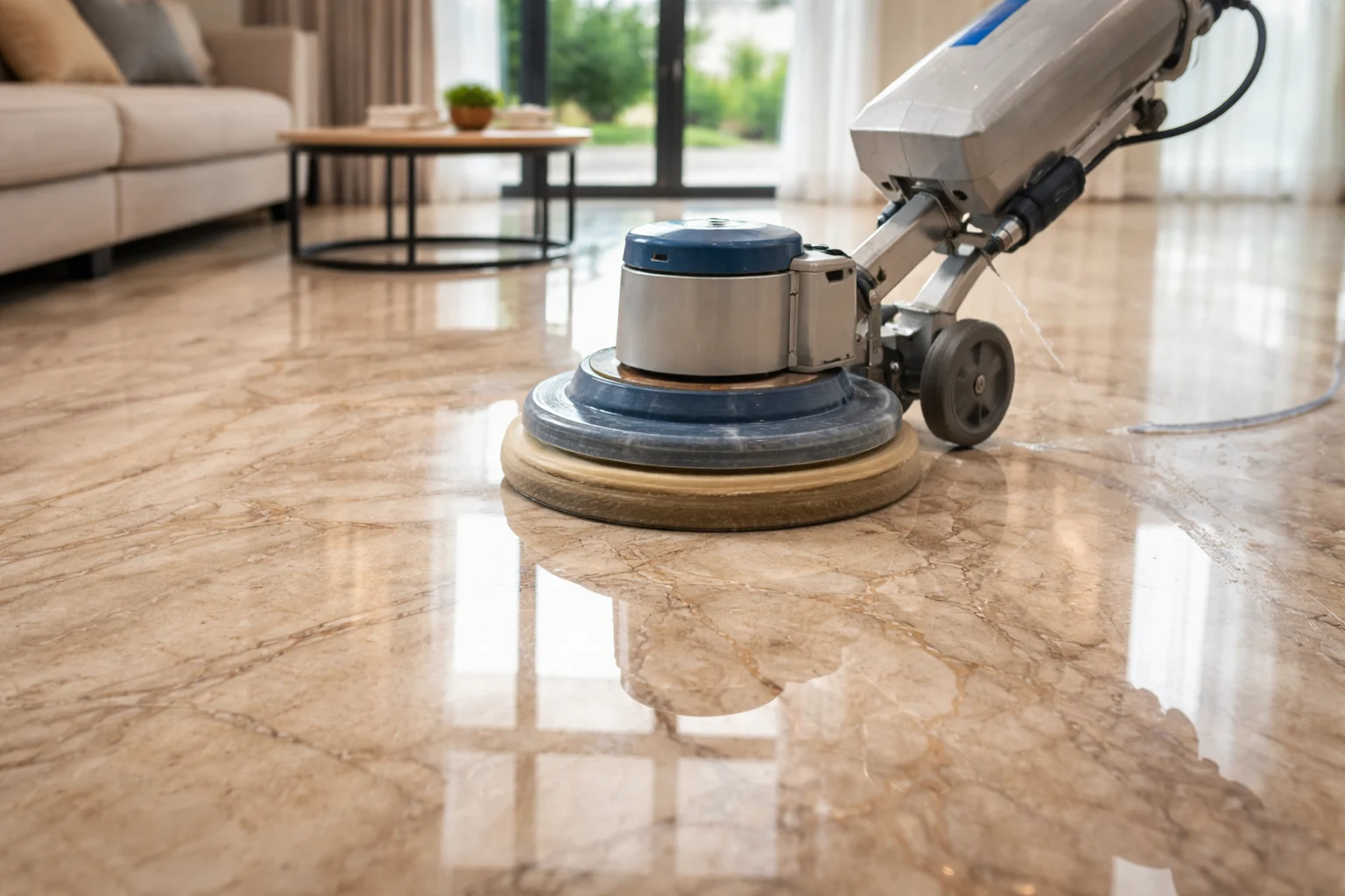 Máquina de pulir en suelo de mármol