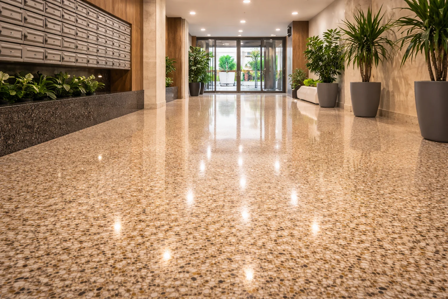 Pasillo con suelo de terrazzo brillante