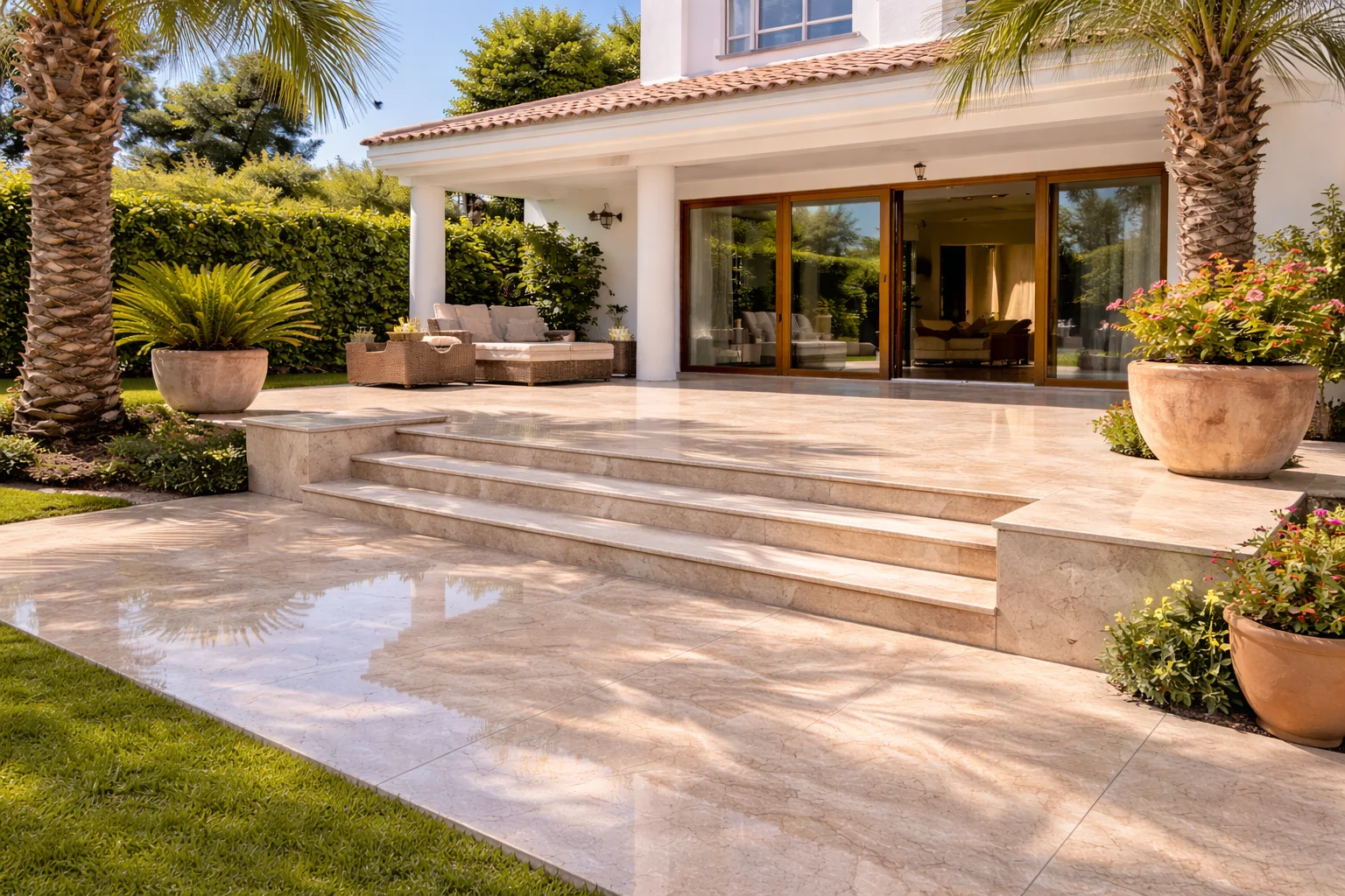 Villa mediterránea con patio de mármol escaleras